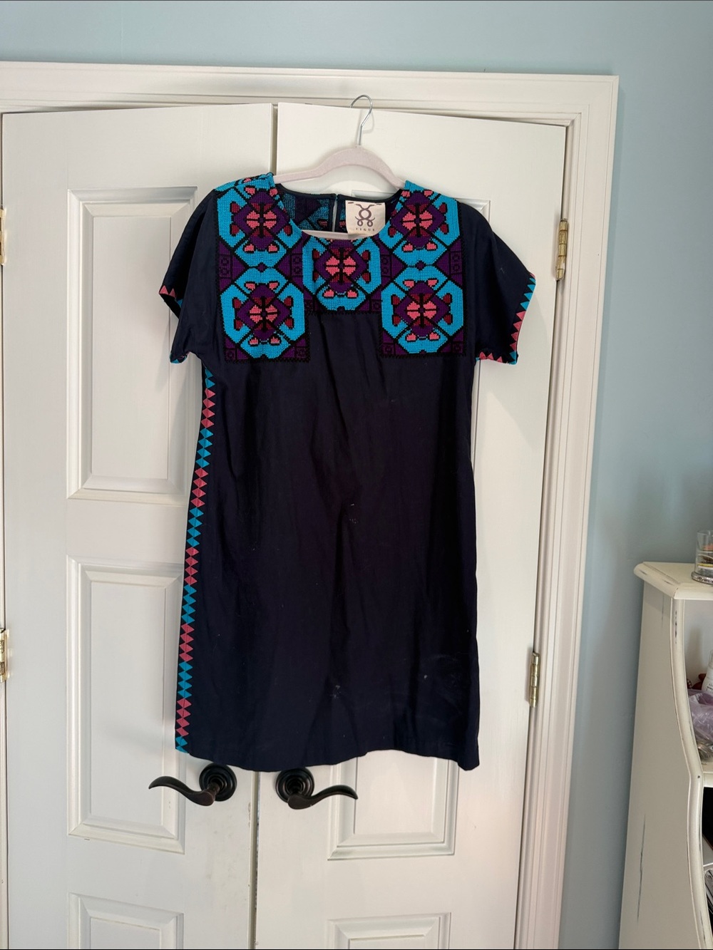 Embroidered Navy Shift Dress with Turquoise & Magenta Accents by Figue